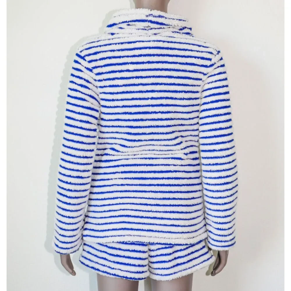 Blue White Stripe Hoodie Shorts Set Small Cozy Lounge Pajama Nautical Plush Fall